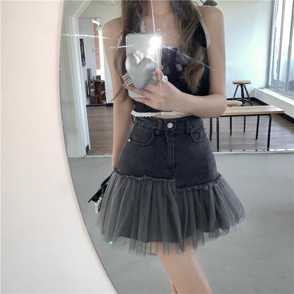 Black Tulle Patchwork Denim Skirt