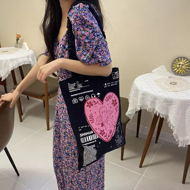 Cute Cupid Angel Love Heart Print Canvas Tote Shoulder ECO Bag 90s Retro Vintage Aesthetic Casual Summer E-Girl Kawaii Korean Japanese Harajuku
