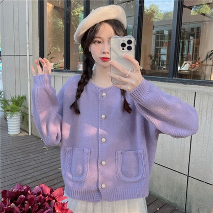 Purple Single Breasted Pocket Loose Cardigan