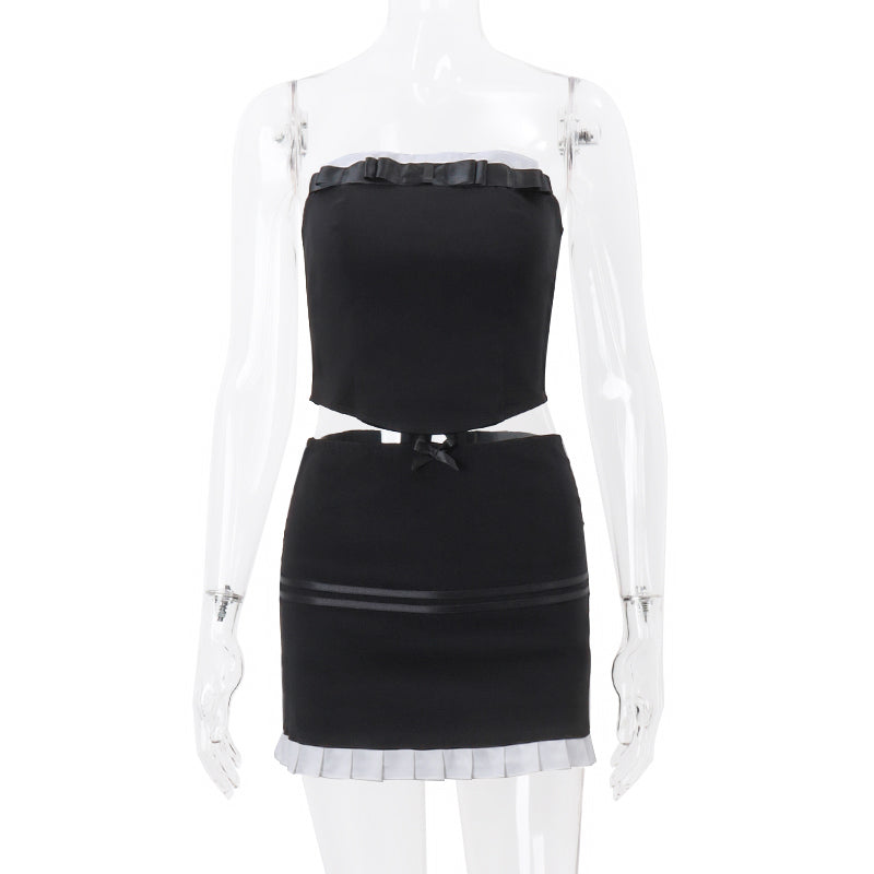 2PCS Black & White Strapless Top + Pleated Mini Skirt