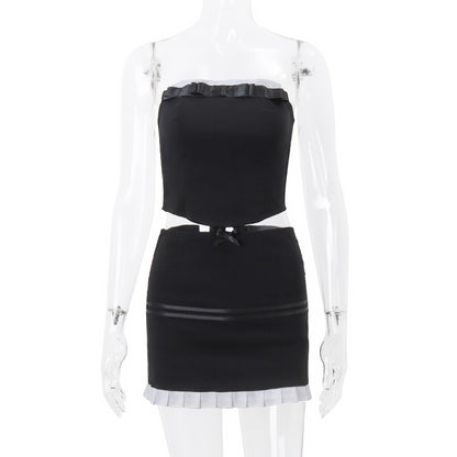 2PCS Black & White Strapless Top + Pleated Mini Skirt