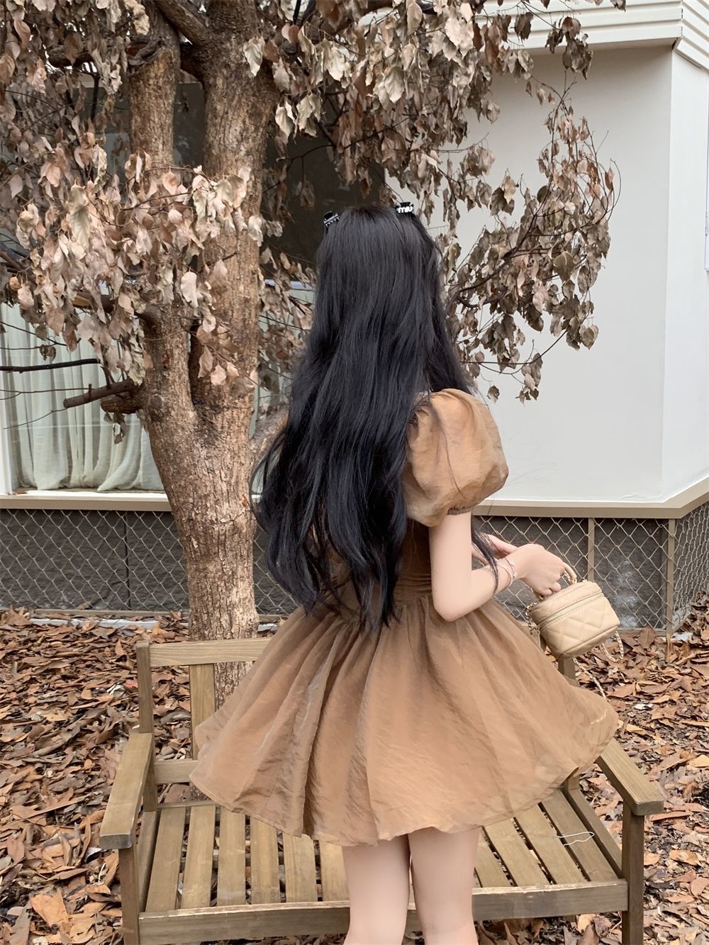 Brown Squares Neck Puff Sleeve Dress