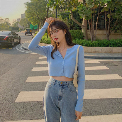 Cute Vintage O Neck Button Down Knit Cardigan Crop Top Sweater Sweatshirt Pullover Jumper E-Girl Kawaii Korean Japanese Harajuku Streetwear