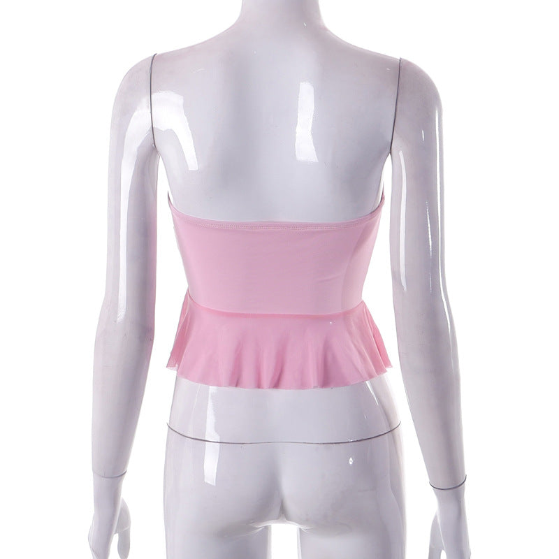 Pink Ruffle Irregular Mesh Tube Top