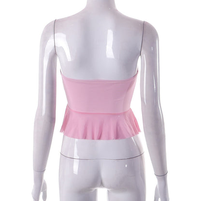 Pink Ruffle Irregular Mesh Tube Top