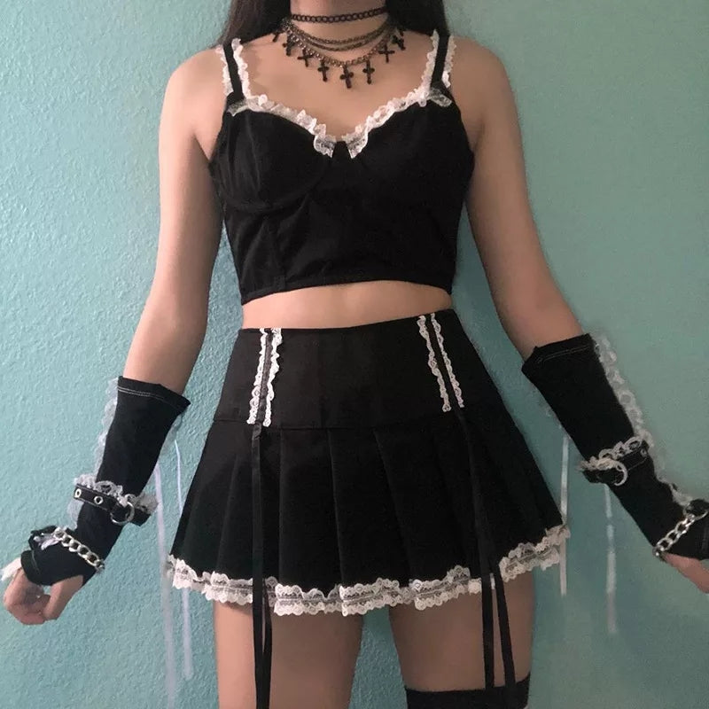 Cute Vintage Lace Bandage A-line High Waist Mini Skirt Punk Goth Summer Aesthetic Casual E-Girl Kawaii Korean Japanese Harajuku