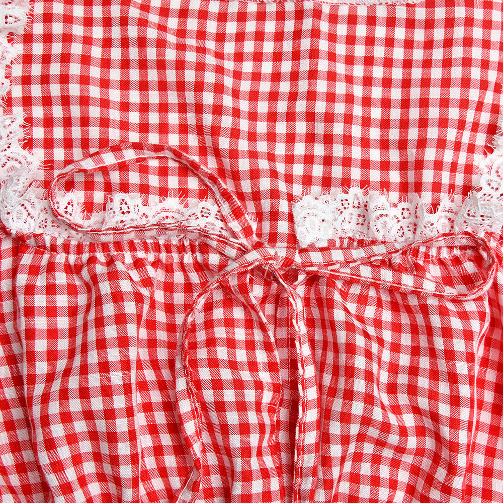 Red & White Plaid Lace Square Neck Top