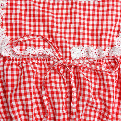 Red & White Plaid Lace Square Neck Top
