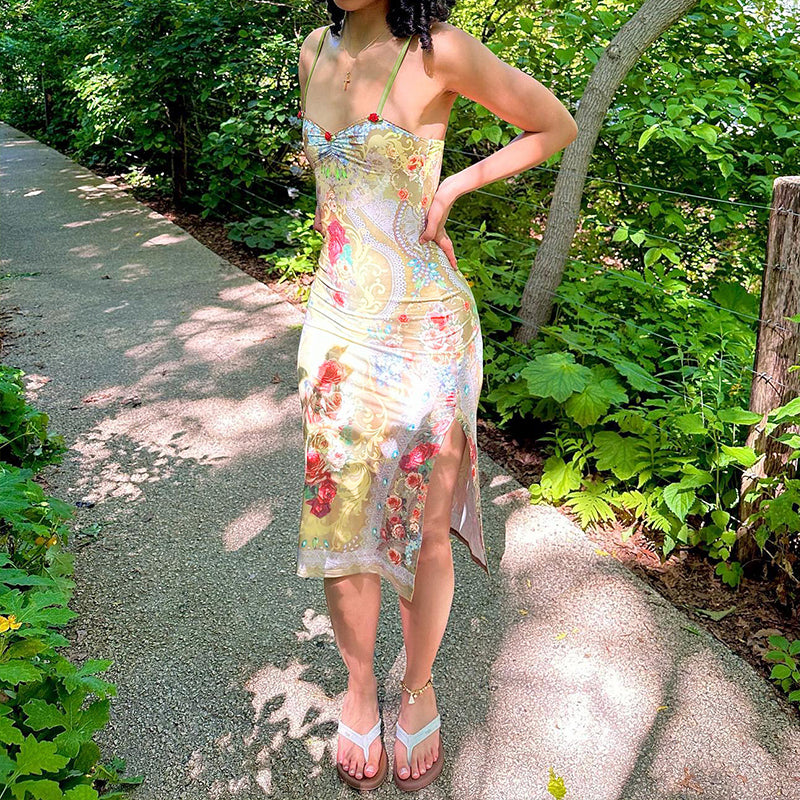 Floral Print Split Sleeveless Midi Dress