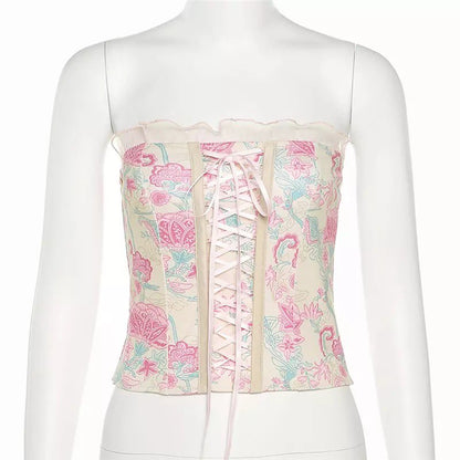 Pink Floral Print Corset Bandage Bustier Crop Top Sleeveless Shirt Summer Aesthetic Casual E-Girl Kawaii Korean Japanese Harajuku