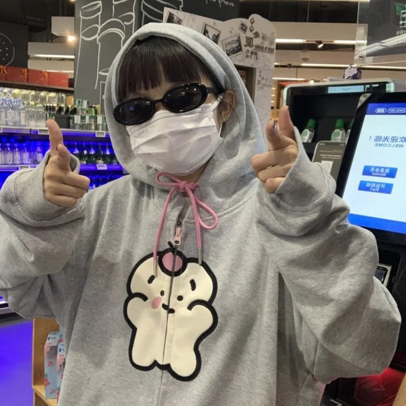 Bear Graphic Print Zipper Hoodie