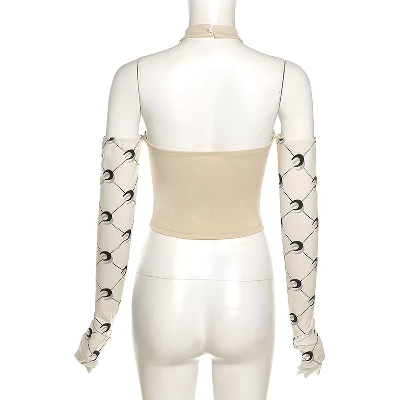 Cute Moon Print Patchwork Bandage Bustier Chain Halter Crop Top Off Shoulder Long Sleeve Shirt Aesthetic E-Girl Kawaii Korean Japanese Harajuku