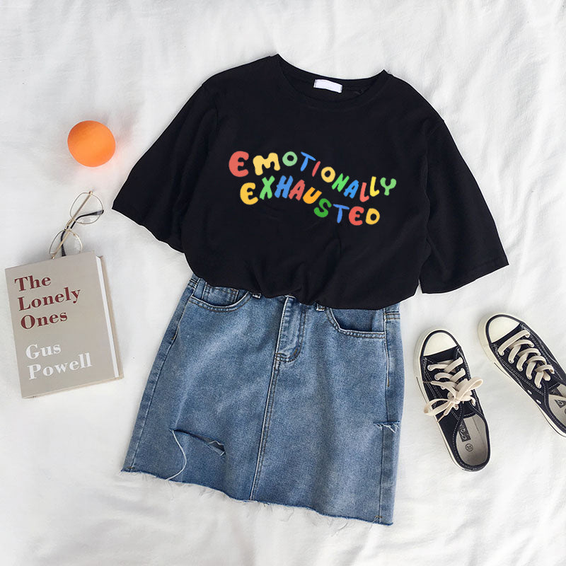 Cute Emotionally Exhausted Rainbow Colorful Short Sleeve Shirt Tee T-shirt E-Girl Kawaii Korean Japanese Harajuku Chinese Retro Streetwear Aesthetic