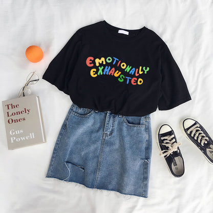 Cute Emotionally Exhausted Rainbow Colorful Short Sleeve Shirt Tee T-shirt E-Girl Kawaii Korean Japanese Harajuku Chinese Retro Streetwear Aesthetic