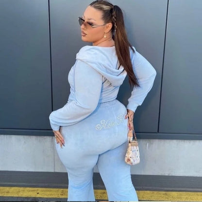 Cute Kitty Cat Rhinestone Crystal Tracksuit Zipper Hoodie Sweatshirt + Pants Trouser Aesthetic Casual E-Girl Kawaii Korean Japanese Harajuku