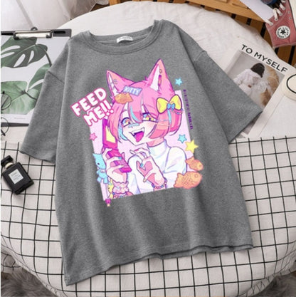 Cute Pastel Sweet Fox Anime Girl Cartoon Print Short Sleeve T-shirt Loose Punk Aesthetic Casual Summer E-Girl Kawaii Korean Japanese Harajuku
