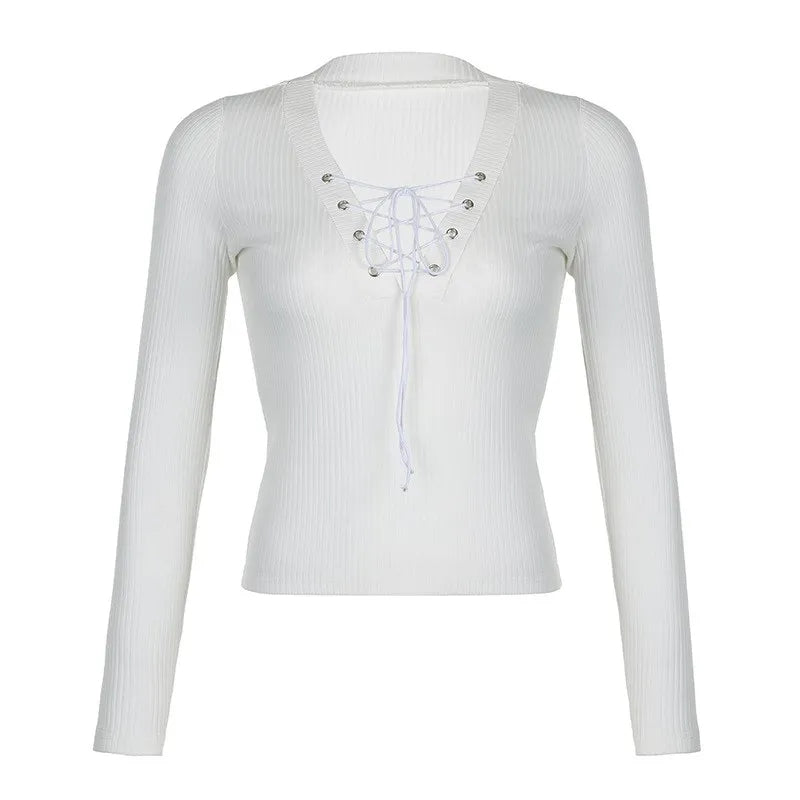 White Knit V Neck Long Sleeve Shirt