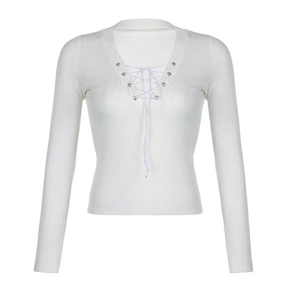 White Knit V Neck Long Sleeve Shirt