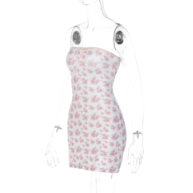 Pink Floral Ribbon Tie Up Off Shoulder Mini Dress