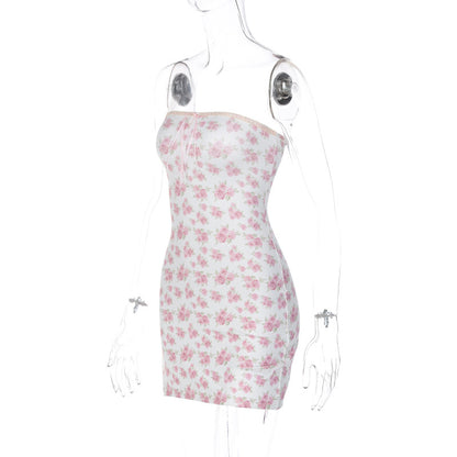 Pink Floral Ribbon Tie Up Off Shoulder Mini Dress