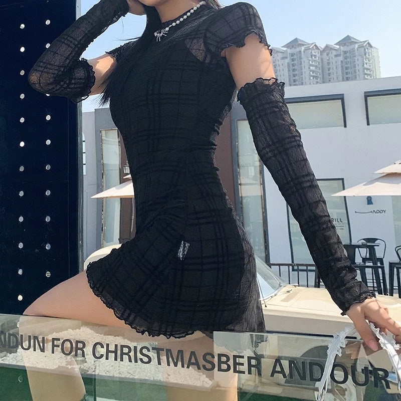 Cute Black Patchwork Plaid Detachable Sleeves Mini Dress Summer Aesthetic Casual E-Girl Kawaii Korean Japanese Harajuku