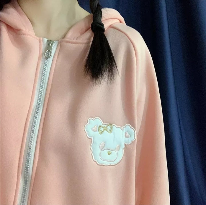 Cute Rabbit Ears Embroidery Loose Long Sleeve Sweatshirt Zip Up Hoodie Aesthetic Casual E-Girl Kawaii Korean Japanese Harajuku
