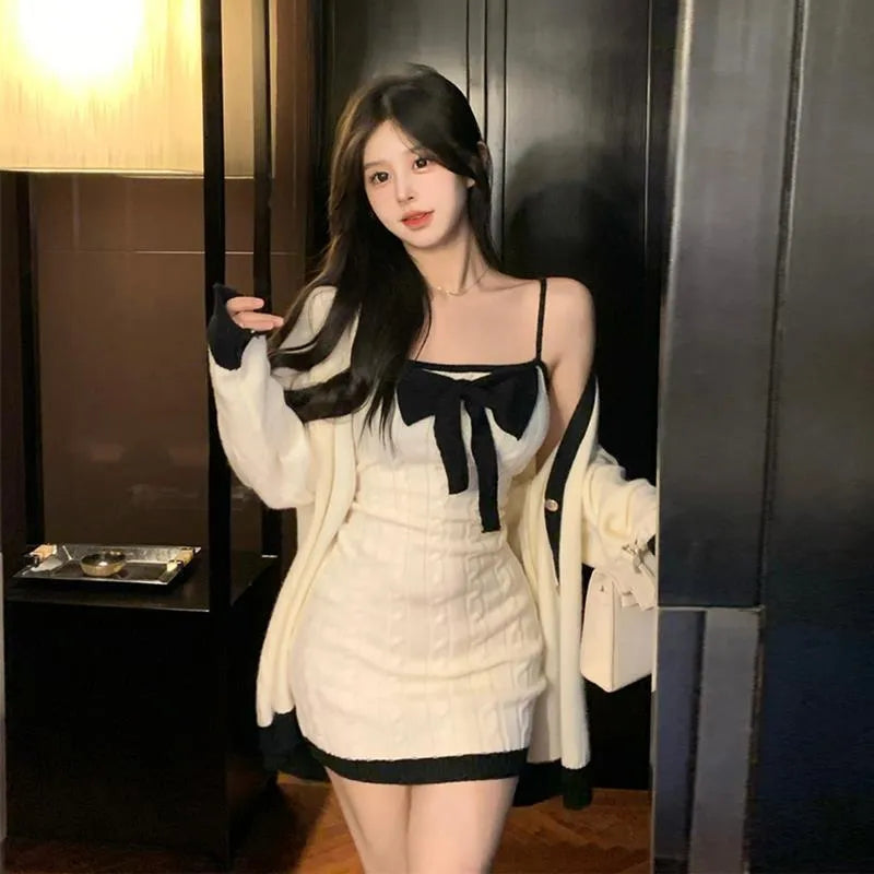 2 Piece White Knit Bow Dress + Sweater