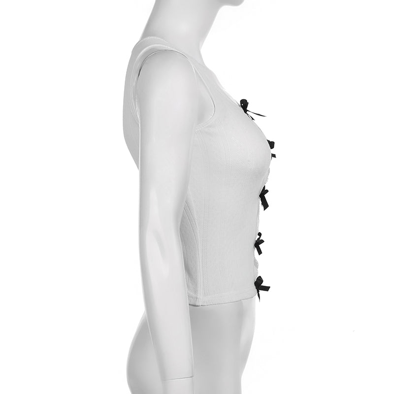 White Ribbed Tank Top with Black Bows