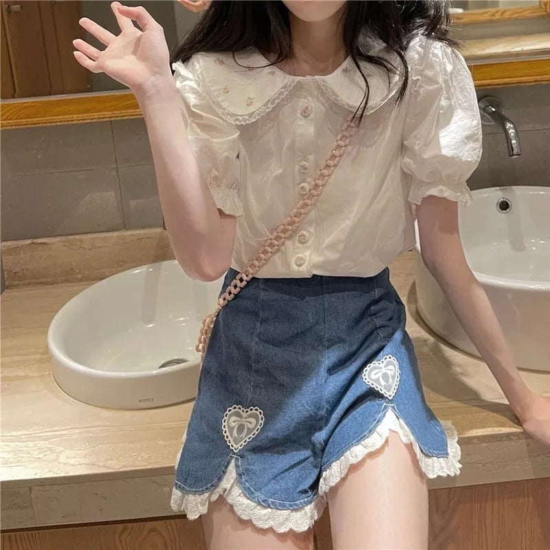 White Preppy Flower Embroidery Short Sleeve Blouse