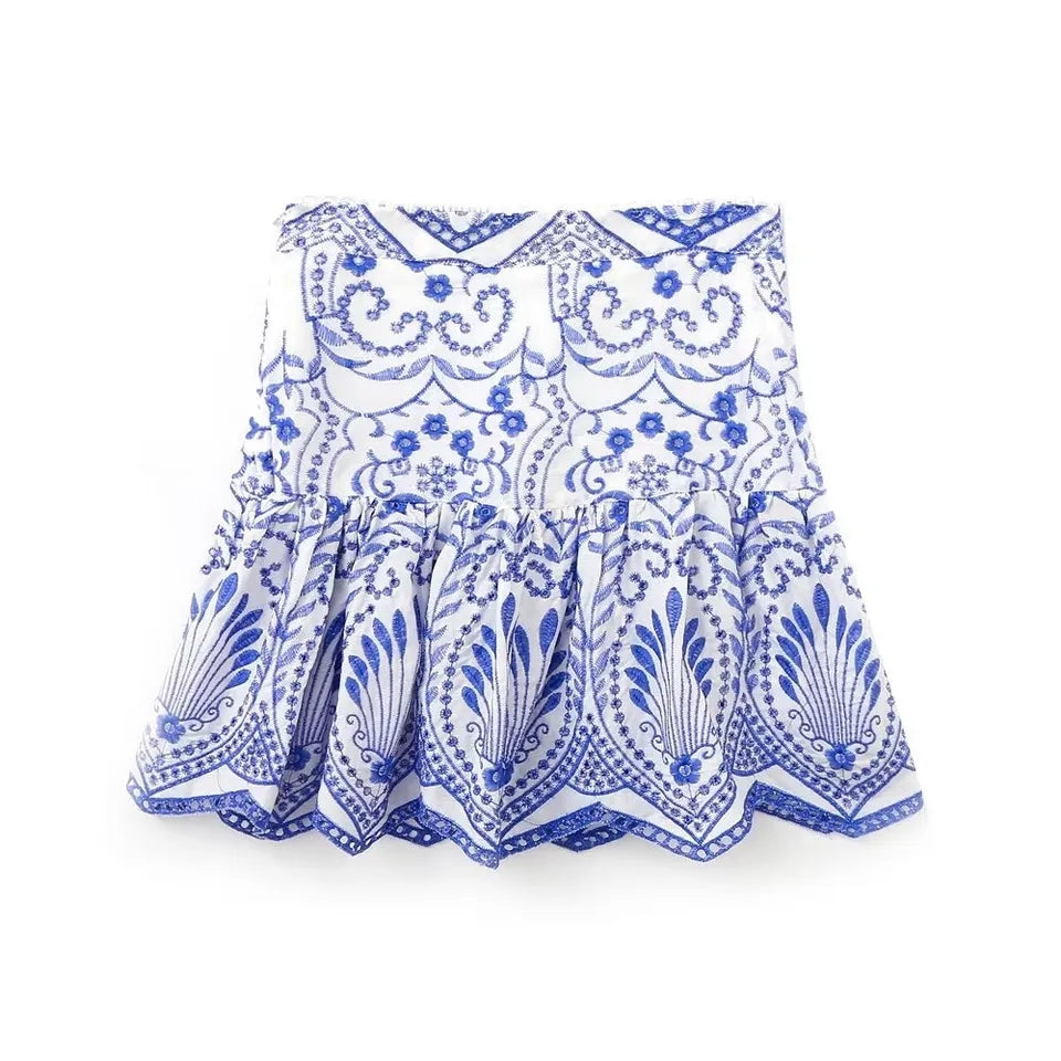 Blue Flower Embroidery Pleated Mini Skirt