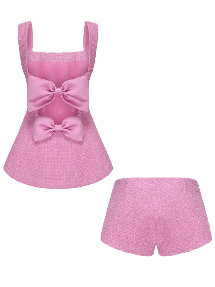 2PCs Pink Tweed Square Collar Top + Shorts Set
