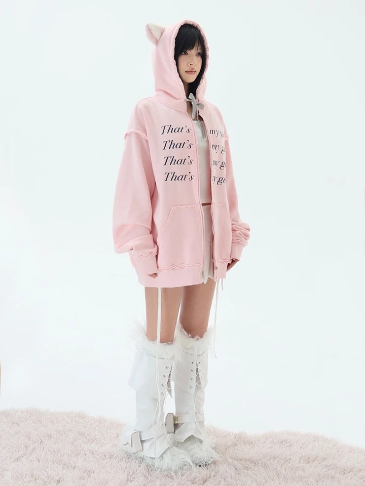Pink Fluffy Cat Ears Letter Print Sweatshirt
