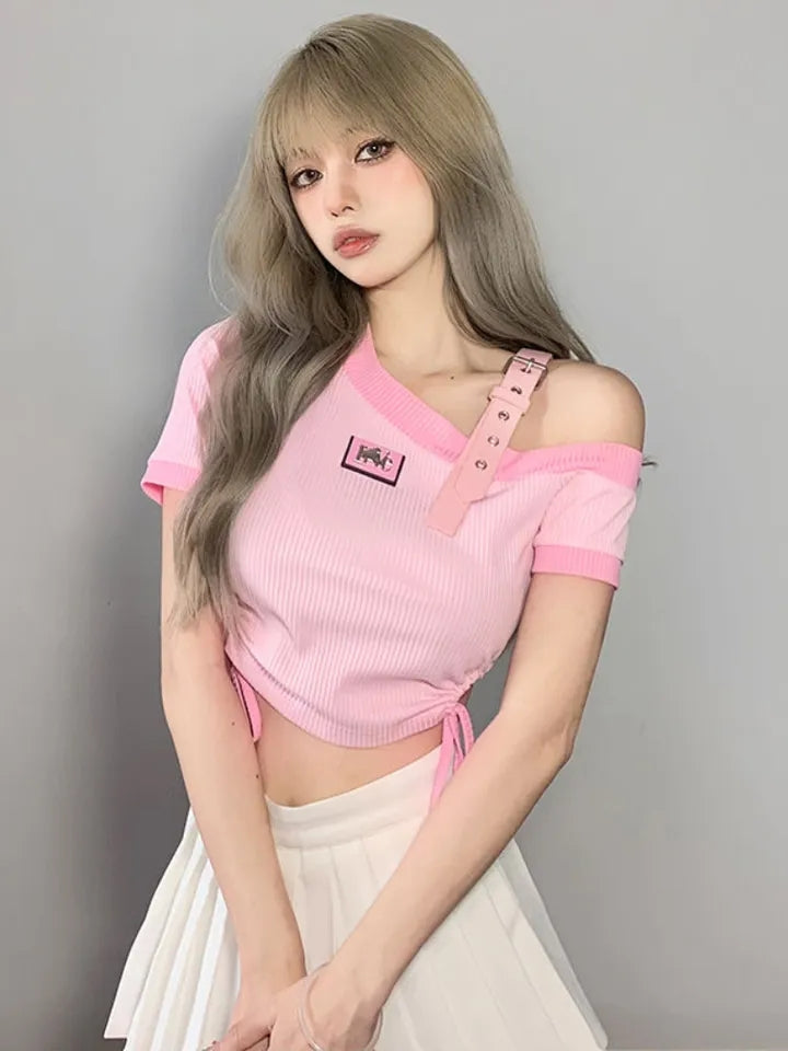 Sweet Pink Off Shoulder Short Sleeve Shirt