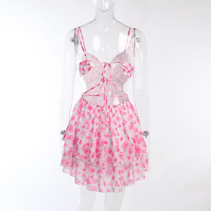 Pink Floral V Neck Mini Dress