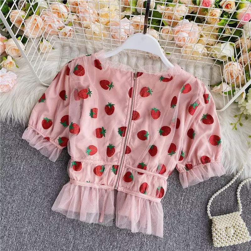 Cute Sexy Pink Strawberry Glitter Sparkle Mesh V Neck Blouse Puff Short Sleeve Shirt Summer Casual E-Girl Kawaii Korean Japanese Harajuku Streetwear