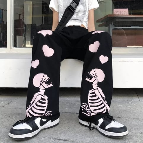 Black Skeleton Print Loose Waist Wide Leg Pants