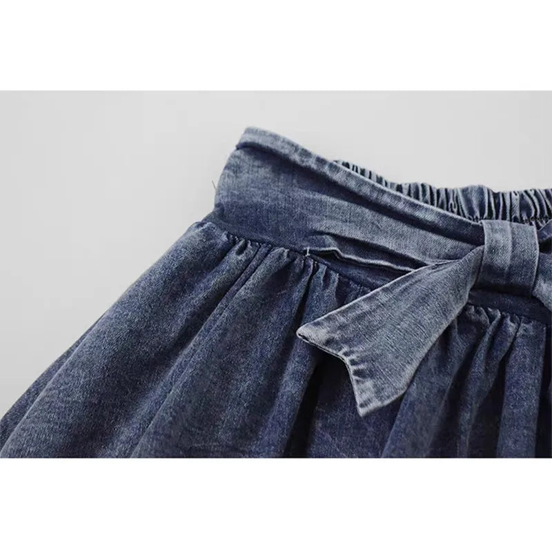 Denim Bow Ruffle Low Waist Skirt