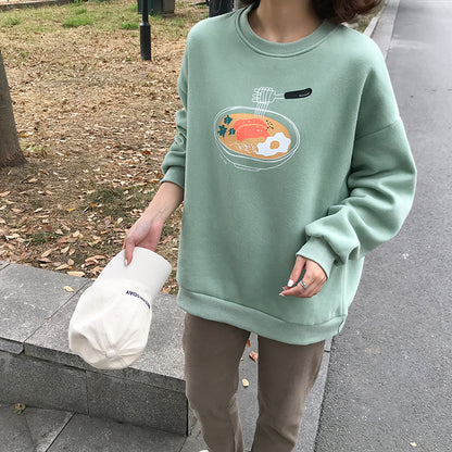 Dumpling Ramen Food Cartoon Print Loose Oversized Long Sleeve Sweatshirt Sweater Pullover Causal E-Girl Kawaii Korean Japanese Harajuku Streetwear