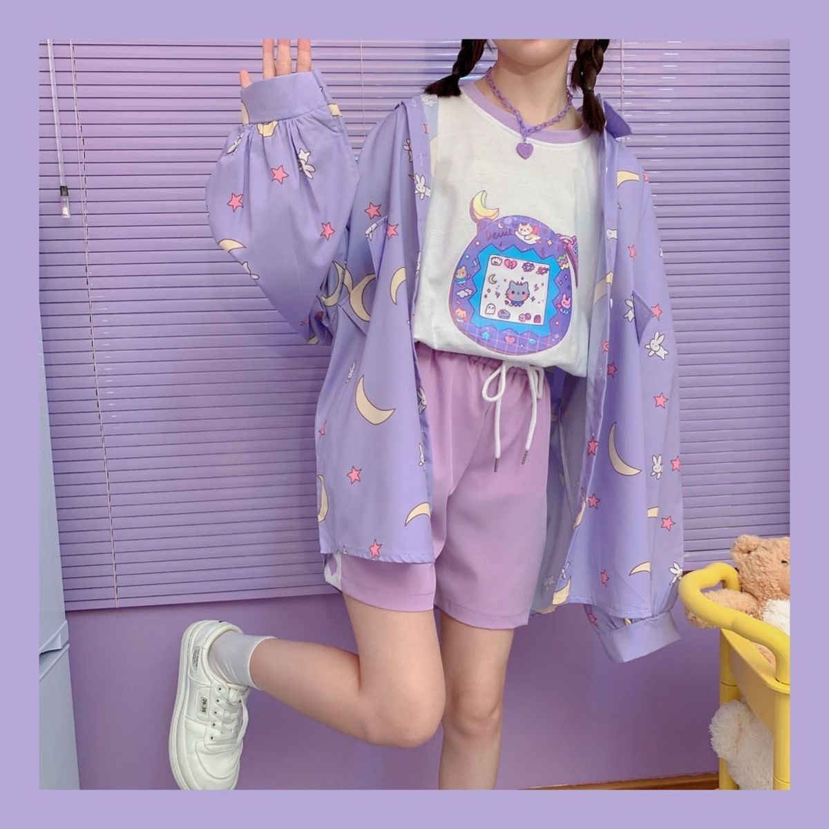 Pastel Purple Anime Star Moon Cartoon Blouse Oversized Long Sleeve Shirt Loose Button Autumn Winter E-Girl Kawaii Korean Japanese Harajuku Streetwear