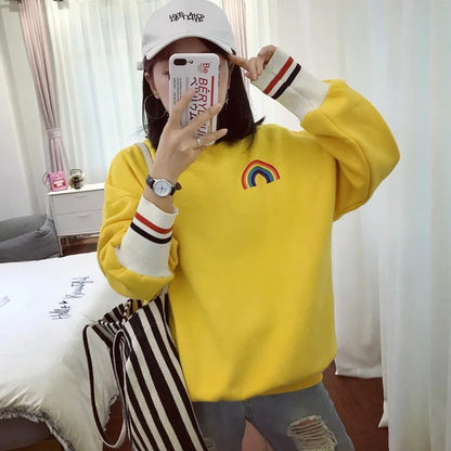 Cute Rainbow Embroidery Fleece Hoodie Sweater Sweatshirt Pullover 90s Oversized Long Sleeve E-Girl Kawaii Korean Japanese Harajuku Retro Streetwear