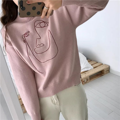 Cute Geometric Face Knit Turtleneck Oversized Sweater Long Sleeve Shirt Pullover Sweatshirt E-Girl Kawaii Korean Japanese Harajuku Retro Streetwear