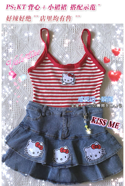 Cat Print Double A-Line Mini Skirt