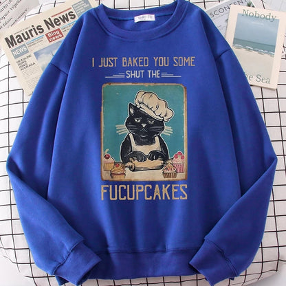 Cute Funny Cat Baking Cupcakes Cartoon Print Sweatshirt Pullover Hoodie Aesthetic Casual E-Girl Kawaii Korean Japanese Harajuku