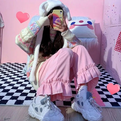 Sweet Pink Ruffle Corduroy High Waisted Wide Leg Trousers