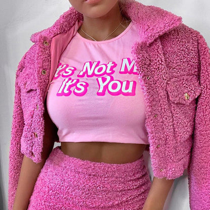 Cute It’s Not Me Pink Letter Crop Top Short Sleeve Shirt Tee T-shirt E-Girl Kawaii Korean Japanese Harajuku Chinese Retro Streetwear Aesthetic