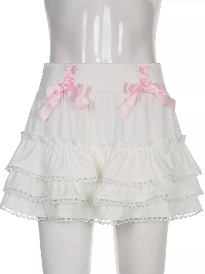 White Ruffle A-Line Bow Mini Skirt