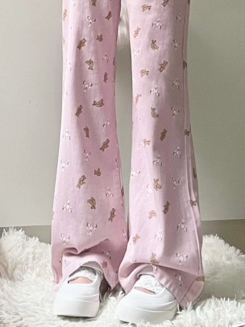 Pink Teddy Bear Print Straight Leg Pants