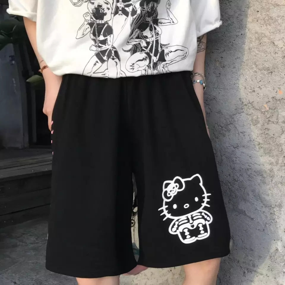 Cute Cat Kitty Cartoon Print Letter Loose Oversized Hip Hop Shorts Bottoms Punk Goth Aesthetic Casual Summer E-Girl Kawaii Korean Japanese Harajuku