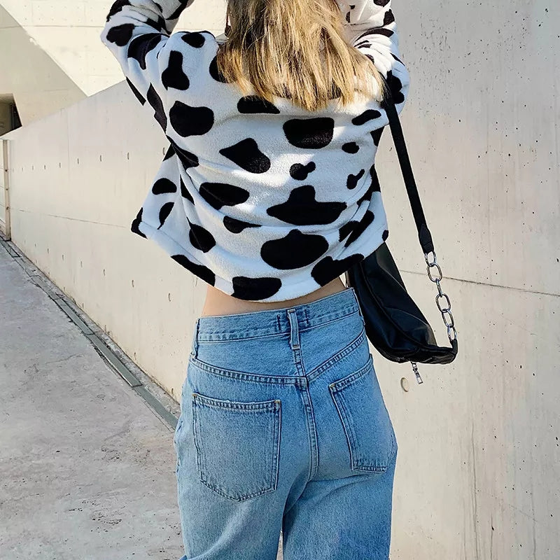 Cute Cow Animal Print Faux Fur Coat Jacket Zipper Sweater Jumper Casual E-Girl Kawaii Korean Japanese Harajuku Chinese Retro Streetwear Aesthetic