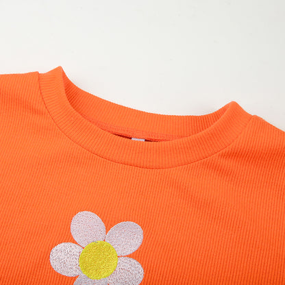 Cute Orange Flower Embroidery Sexy Crop Top Long Sleeve Shirt Tee T-shirt Autumn Casual E-Girl Kawaii Korean Japanese Harajuku Streetwear